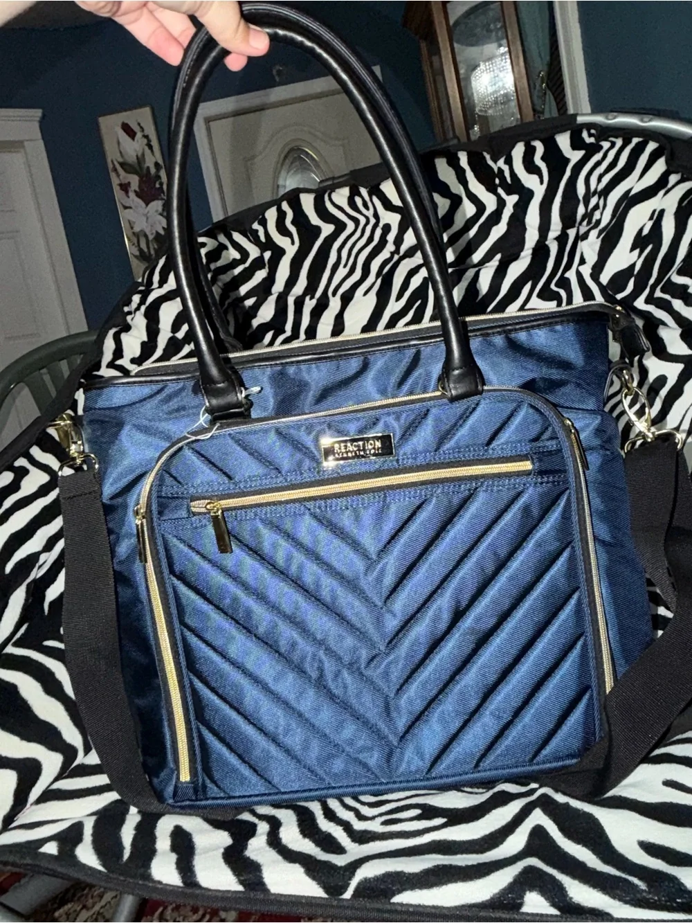 Kenneth Cole Reaction Navy Quilted Laptop Tote with Gold Hardware
